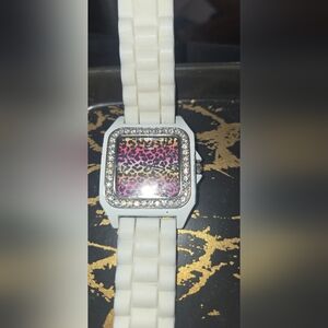 Cheetah Print Square Face Watch w/ Rhinestone Bezel & a White Silicone Band -